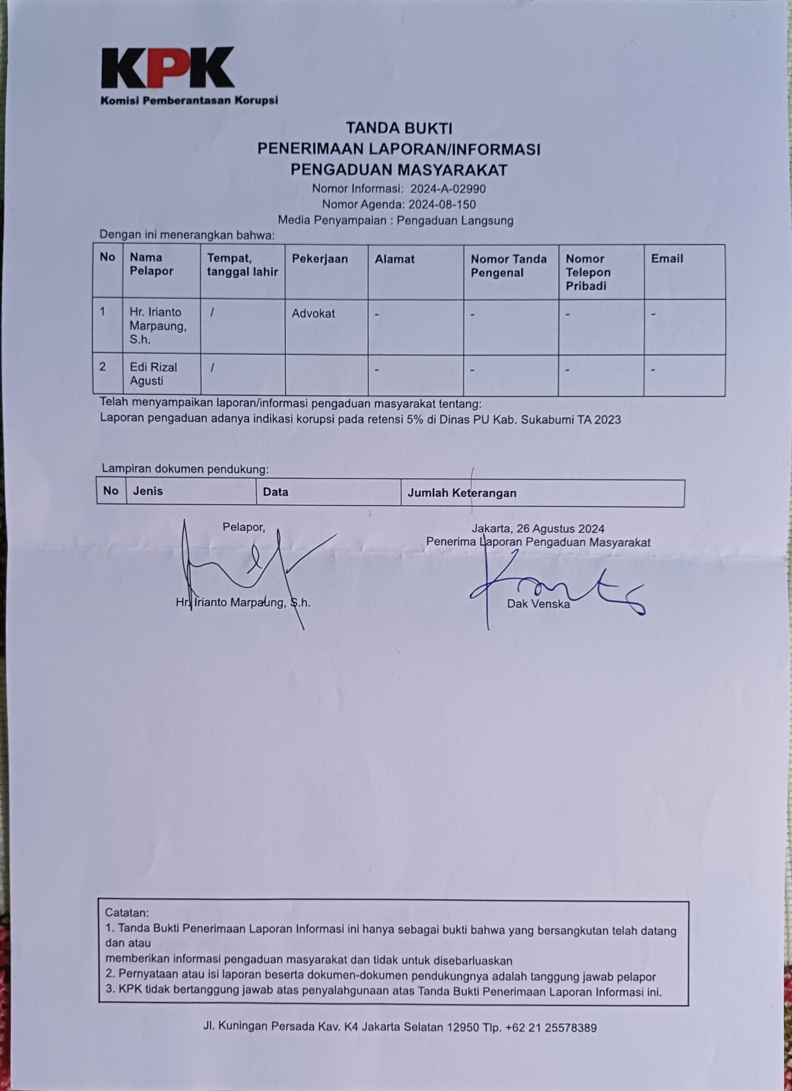 Kuasa Hukum Penyedia Jasa Lapor KPK Terkait Retensi 5% Di Dinas PU Kab. Sukabumi 1 WhatsApp Image 2024 09 02 at 08.04.38 scaled